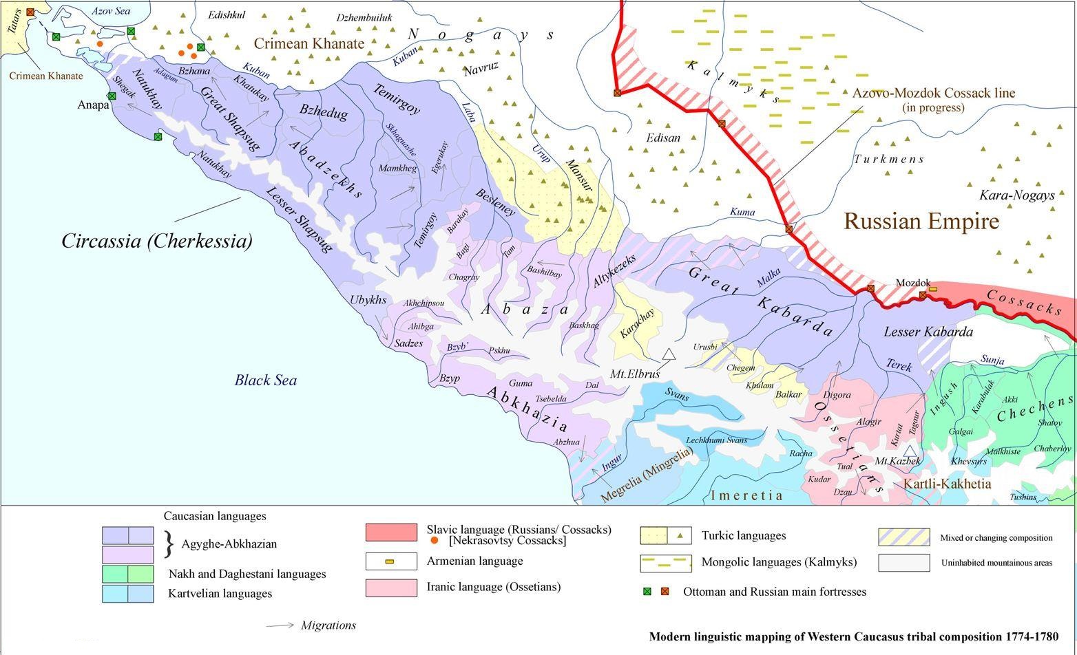 Modern linguistic mapping of Western Caucasus tribal composition 1774-1780, by Artur Tsutsiev
