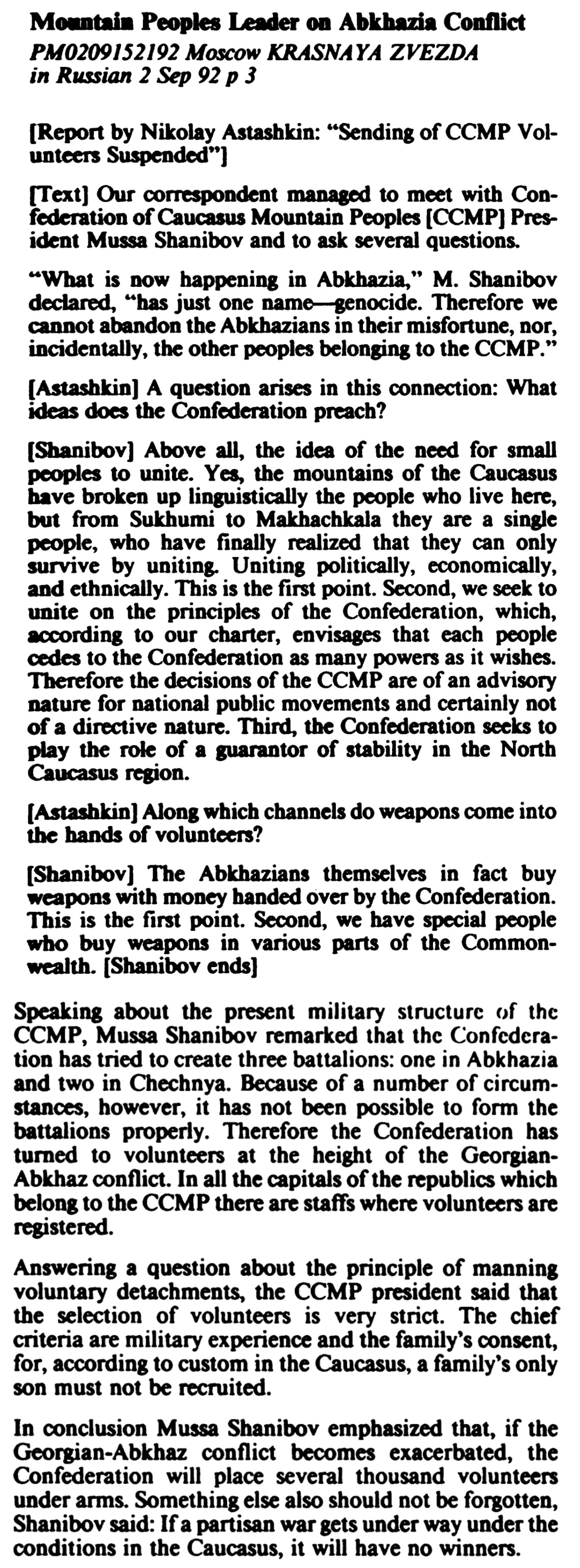 Mountain Peoples Leader on Abkhazia Conflict. KRASNAYA ZVEZDA (page 3)
