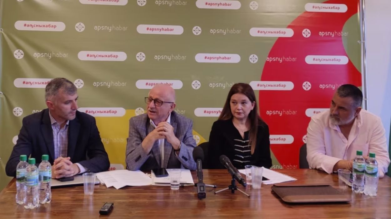 Representatives from the Abkhazian diaspora in Turkey addressing concerns at a press conference in Sukhum. Representatives from the Abkhazian diaspora in Turkey addressing concerns at a press conference in Sukhum