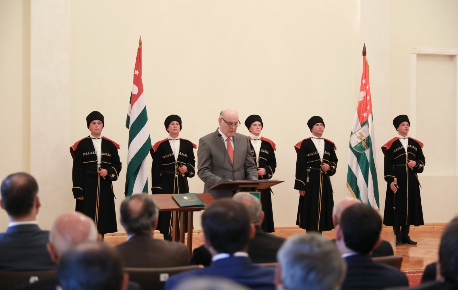 Aslan Bzhania, giving a speach at his inauguration ceremony. | presidentofabkhazia.org Aslan Bzhania, giving a speach at his inauguration ceremony.