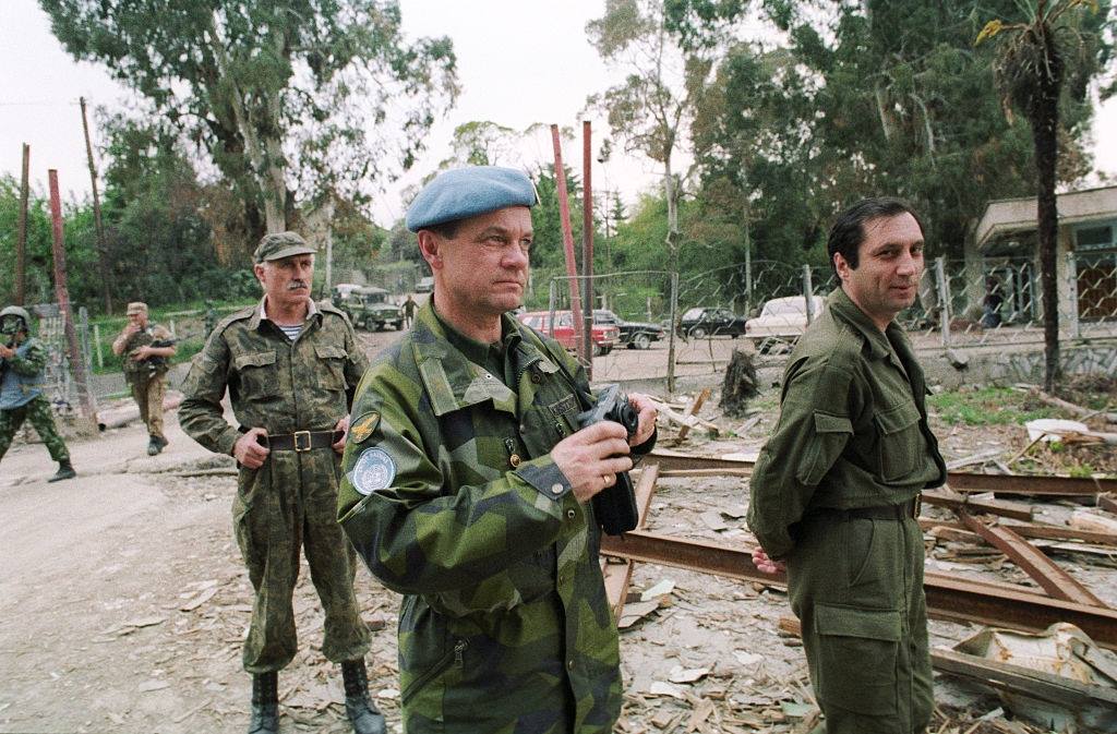 UN representatives on a visit to Eshera during the 1992-93 war. Sergey Shamba on the right.
