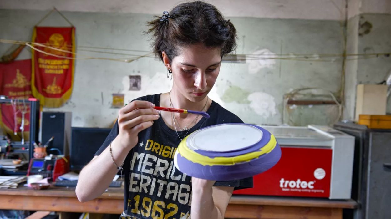 Sabina Akhiba intricately decorates a piece of pottery in her workshop.