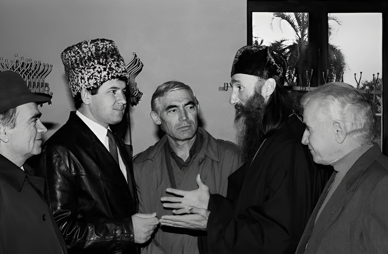 Musa Shanibov (left), Yusuf Soslambekov and Abkhaz Priest Vissarion Apliaa at he Congress of Mountain Peoples of the Caucasus in Sukhum. Musa Shanibov (left), Yusuf Soslambekov and Abkhaz Priest Vissarion Apliaa at he Congress of Mountain Peoples of the Caucasus in Sukhum.