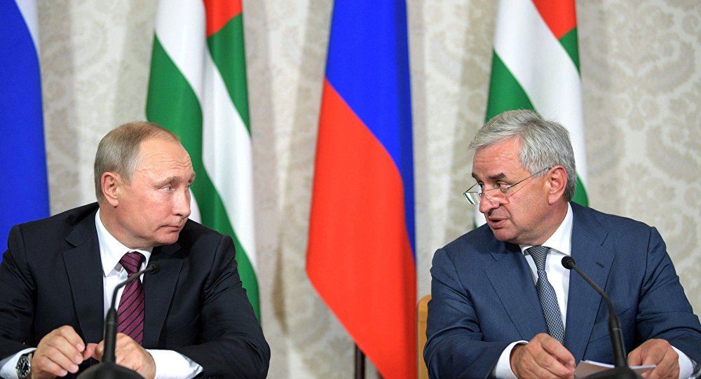 Russian President Vladimir Putin (left) meets with Raul Khajimba, President of the Republic of Abkhazia, on August 8. putin and khadjimba