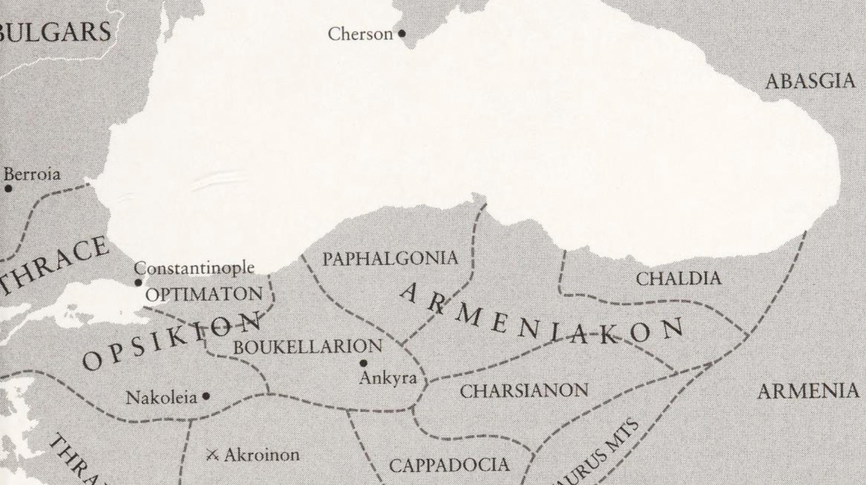 The Byzantine Empire and 'Themata' c. 800 (Byzantium: the surprising life of a medieval empire by Judith Herrin, Princeton University Press, 2007)