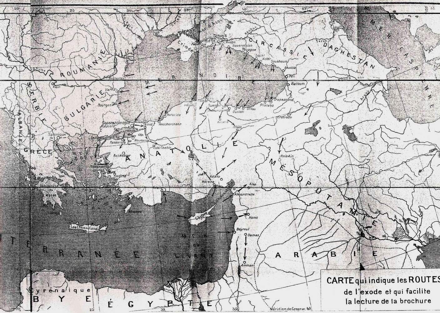 Map of the expulsion of Circassians and Abkhazians to the Ottoman Empire. "Les Russes en Circassie, 1760-1864" A. Méker. (Berne 1919)