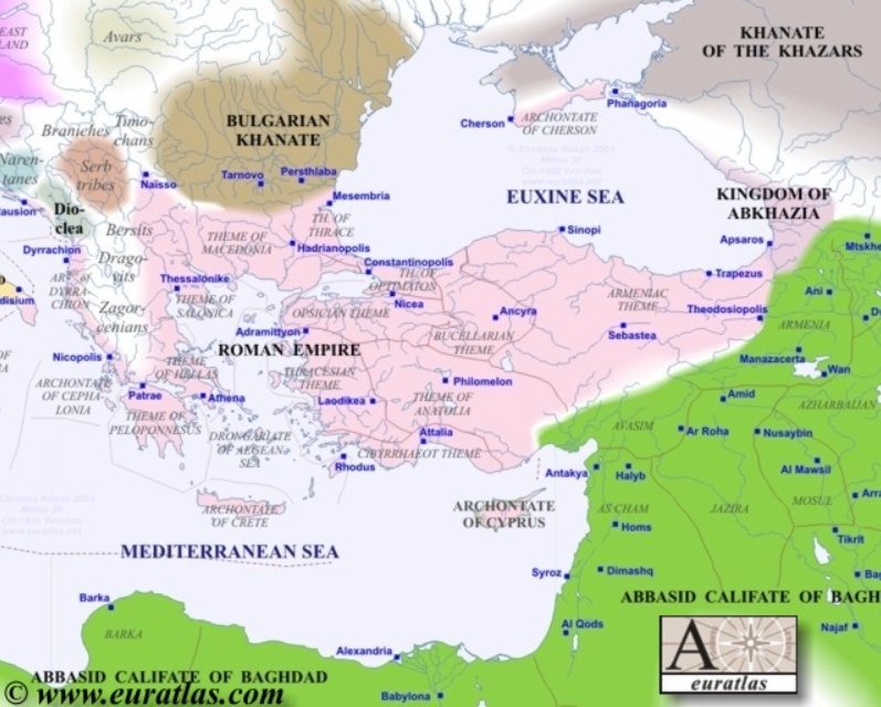Mapa de Europa en el año 800, el sureste y el Reino de Abjasia