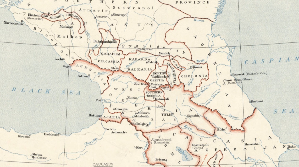 Caucasus. The map showing the new political boundaries to illustrate the paper by W.E.D. Allen. Published by the Royal Geographical Society (May 1927).