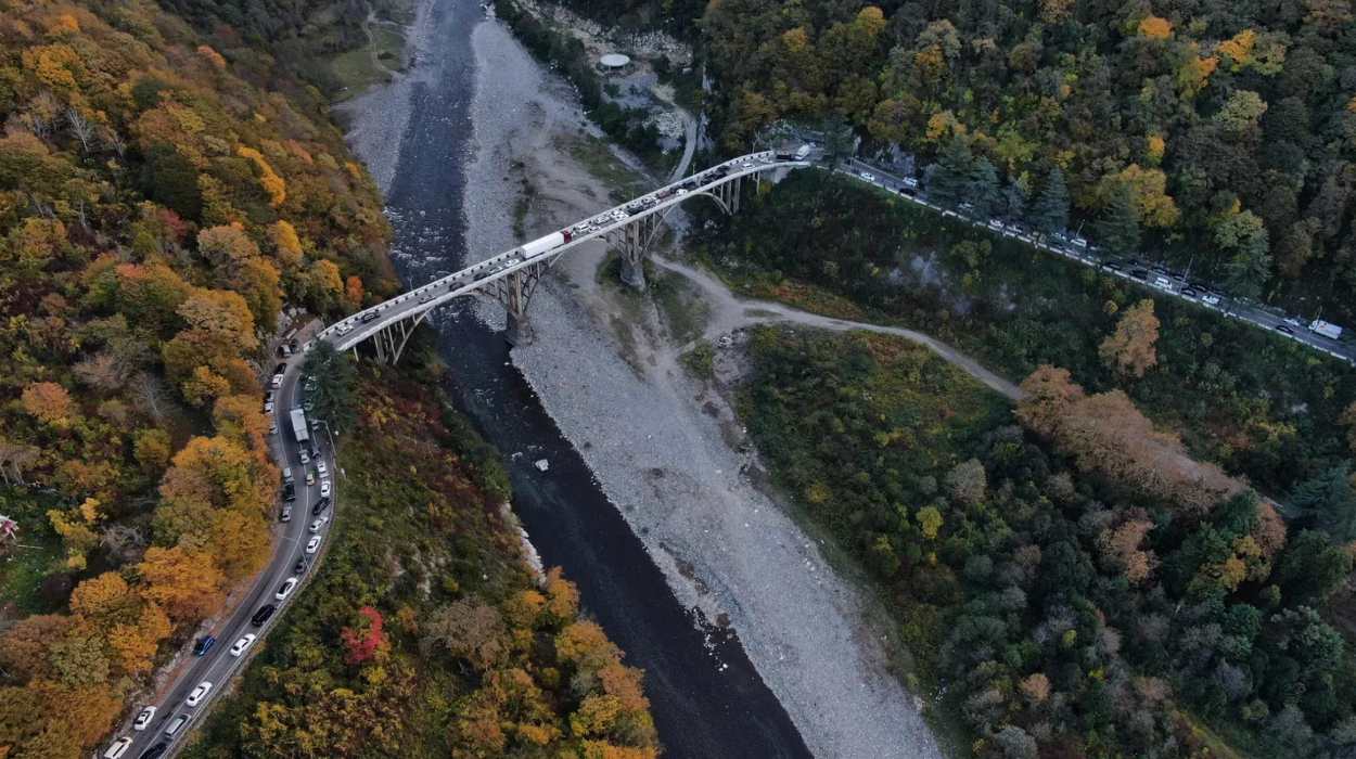 Protesters block key routes into the capital, including the Gumista bridge. Protesters block key routes into the capital, including the Gumista bridge.