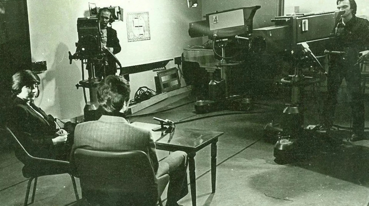 Abkhaz television studio. Cameramen Anzor Kvarchelia and Anatoly Shonia