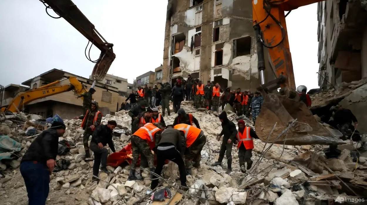 Civil defense workers and security forces search through the wreckage of collapsed buildings in Hama, Syria on Feb 6, 2023. (Photo: AP/Omar Sanadik)