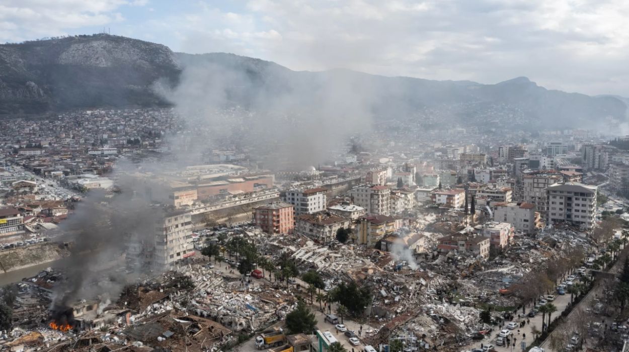 Smoke billows from the scene of collapsed buildings in Hatay, Turkey. Photo: Burak Kara