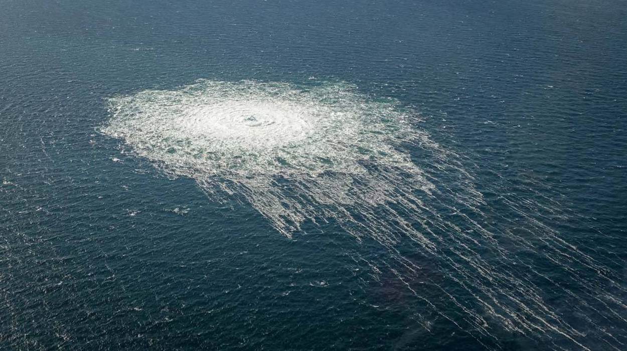 Gas bubbles from one of the damaged Nord Stream pipelines in the Baltic Sea in September. Gas bubbles from one of the damaged Nord Stream pipelines in the Baltic Sea in September.