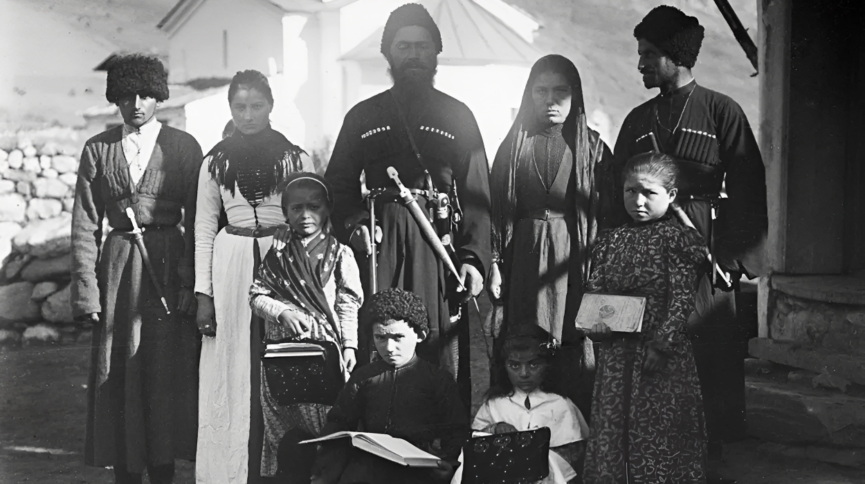 Ossetians at the front of the church at Dallagkau (North Ossetia-Alania), August 1902. Photo by John Baddeley